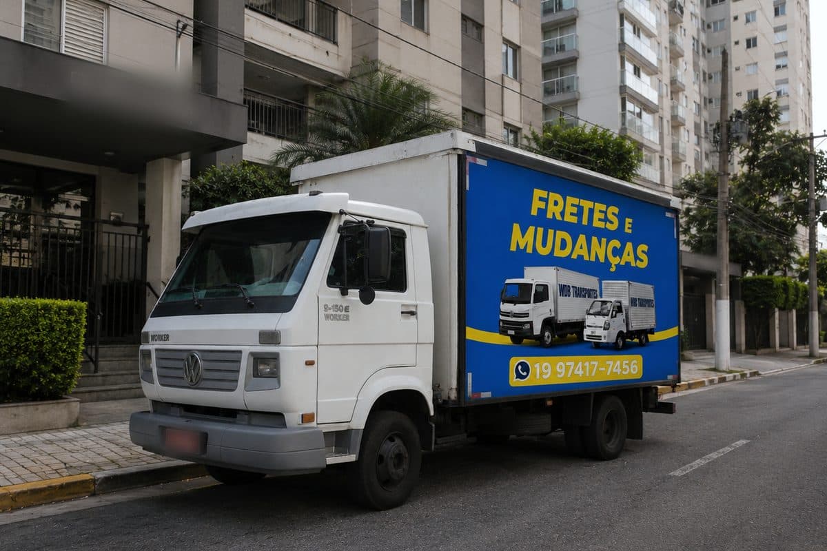 Caminhão baú da WDB, com o adesivo azul de fretes e mudanças, estacionado na frente de um prédio residencial