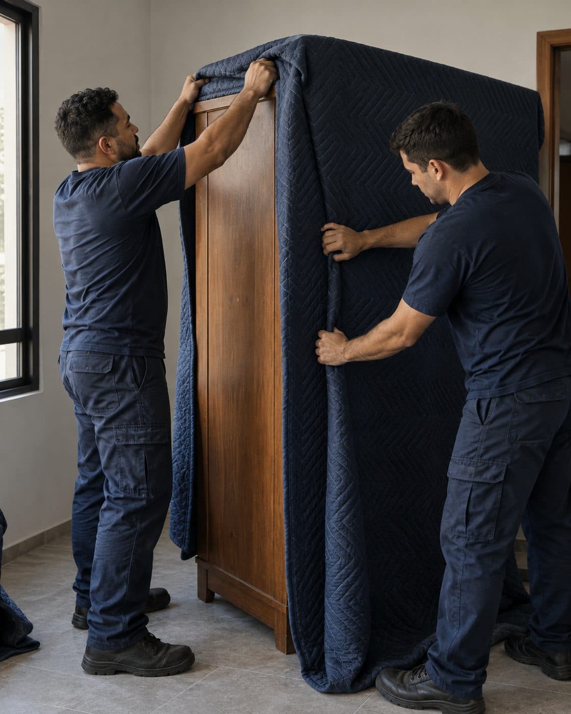 Cena ilustrativa de duas pessoas envolvendo um guarda-roupa de madeira com manta azul-marinho dentro de uma casa