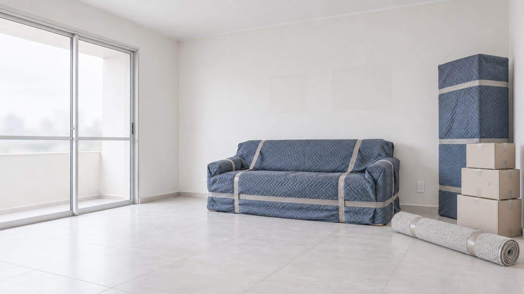Sala de apartamento vazia com sofá e armário protegidos por manta azul, caixas e tapete enrolado para a mudança
