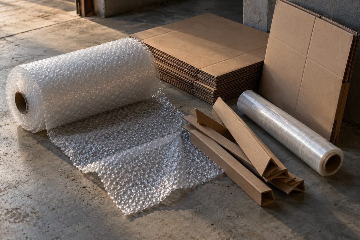 Materiais da embalagem completa: plástico bolha, papelão ondulado, cantoneiras e filme stretch